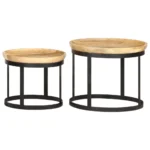 2 Round Side Tables - Solid Mango Wood and Steel