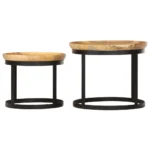 2 Round Side Tables - Solid Mango Wood and Steel