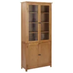 Solid Oak Wood and Glass Bookcase with 4 Doors - 90 x 35 x 200cm