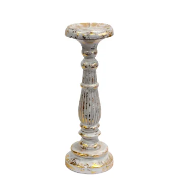 Medium Albesia Wood Candle Stand - White Gold - 12 x 12 x 34cm