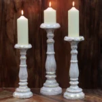 Medium Albesia Wood Candle Stand - White Gold - 12 x 12 x 34cm