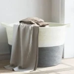 100% Cotton Laundry Basket - Grey and White - 60 x 36cm