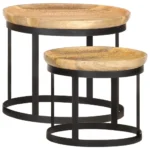 2 Round Side Tables - Solid Mango Wood and Steel