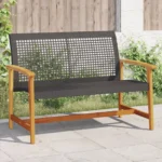 Poly Rattan and Acacia Wood Garden Bench - Black - 112 x 64 x 80cm