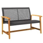 Poly Rattan and Acacia Wood Garden Bench - Black - 112 x 64 x 80cm