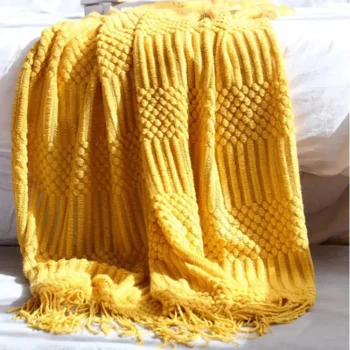 Hand Knitted Tassel Throw Blanket -Yellow - 127 x 152cm