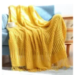 Hand Knitted Tassel Throw Blanket -Yellow - 127 x 152cm