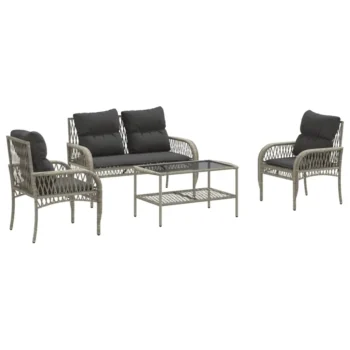 Poly Rattan 4 Piece Garden Sofa Set with Cushions - Light Grey