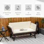 2 in 1 PE Rattan Folding Daybed With Beige Cushion - Bench - 67 x 129 x 63cm