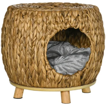 Rattan Wicker Cat Bed or Stool Rest - Elevated Pet Bed with Soft Washable Cushion - 44 x 43 x 41cm