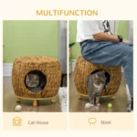 Rattan Wicker Cat Bed or Stool Rest - Elevated Pet Bed with Soft Washable Cushion - 44 x 43 x 41cm