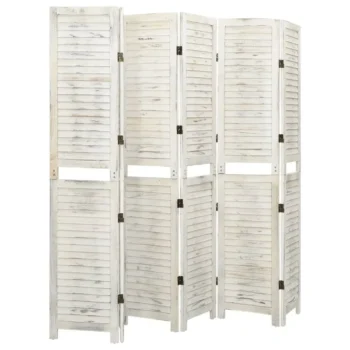 5 Panel Room Divider - Solid Wood - Antique White - 178.5 x 166cm