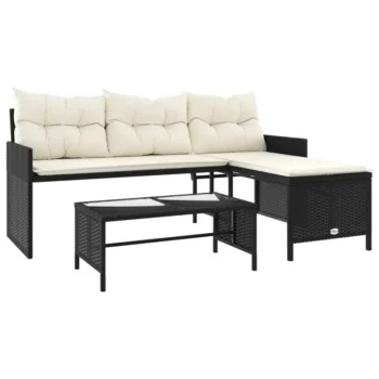 PE Rattan Garden Sofa with Table & Cushions - L-Shaped - Black