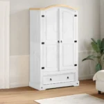 2 Door Bedroom Wardrobe - Solid Pine Wood - White - 102 x 52 x 186cm