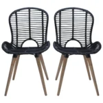 4 Natural Rattan Dining Chairs With Wooden Legs - Black