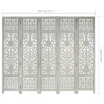 Panel Room Divider - Solid Mango Wood - Hand Carved - Grey - 200 x 165cm