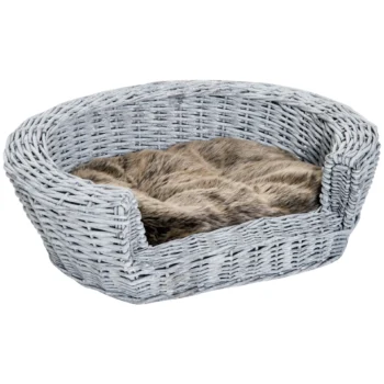 Wicker Pet Bed Willow Basket With Cushion - Grey - 57 x 46 x 17.5cm