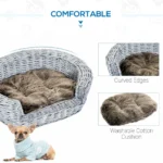 Wicker Pet Bed Willow Basket With Cushion - Grey - 57 x 46 x 17.5cm