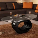 Organic Design Coffee Table With Oval Glass Top - High Gloss Black - 115 x 65 x 40cm