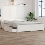 Bed Frame With Storage Drawers - Solid Pinewood - Double - White - 135 x 190cm