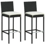 2 Garden Bar Stools With Cushions - Poly Rattan - Black - 40 x 44 x 108cm