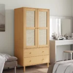 2 Door Wardrobe Rattan Look - Solid Pine Wood - Brown - 90 x 55 x 175cm