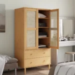 2 Door Wardrobe Rattan Look - Solid Pine Wood - Brown - 90 x 55 x 175cm