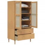 2 Door Wardrobe Rattan Look - Solid Pine Wood - Brown - 90 x 55 x 175cm