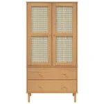 2 Door Wardrobe Rattan Look - Solid Pine Wood - Brown - 90 x 55 x 175cm