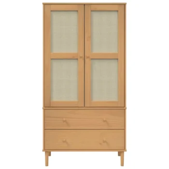 2 Door Wardrobe Rattan Look - Solid Pine Wood - Brown - 90 x 55 x 175cm