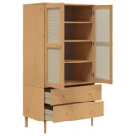 2 Door Wardrobe Rattan Look - Solid Pine Wood - Brown - 90 x 55 x 175cm