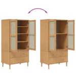 2 Door Wardrobe Rattan Look - Solid Pine Wood - Brown - 90 x 55 x 175cm