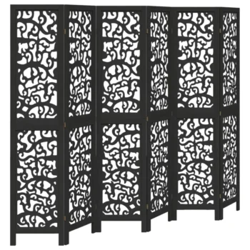 6 Panel Room Divider - Solid Paulownia Wood - Black - 210-215 x 180cm