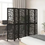 6 Panel Room Divider - Solid Paulownia Wood - Black - 210-215 x 180cm