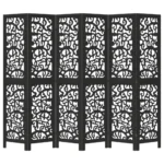 6 Panel Room Divider - Solid Paulownia Wood - Black - 210-215 x 180cm