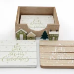 4 Christmas Coasters In A Wooden Holder - We Wish You A Merry Christmas