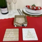 4 Christmas Coasters In A Wooden Holder - We Wish You A Merry Christmas