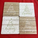 4 Christmas Coasters In A Wooden Holder - We Wish You A Merry Christmas