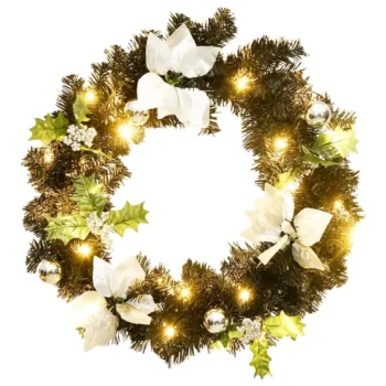 Christmas Wreath With LED Lights - PVC - Black & Silver - 60cm