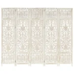 5 Panel Room Divider - Solid Mango Wood - Hand Carved - White - 200 x 165cm