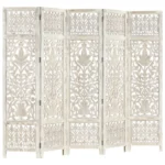 5 Panel Room Divider - Solid Mango Wood - Hand Carved - White - 200 x 165cm