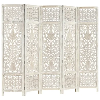 5 Panel Room Divider - Solid Mango Wood - Hand Carved - White - 200 x 165cm