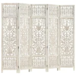 5 Panel Room Divider - Solid Mango Wood - Hand Carved - White - 200 x 165cm