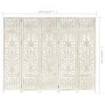 5 Panel Room Divider - Solid Mango Wood - Hand Carved - White - 200 x 165cm