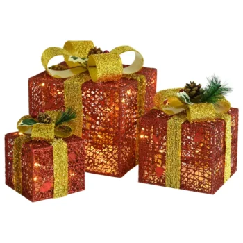 3 Red & Gold Fabric LED Christmas Boxes - 60 LEDs - Cold White