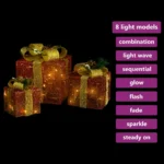 3 Red & Gold Fabric LED Christmas Boxes - 60 LEDs - Cold White