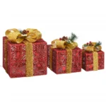 3 Red & Gold Fabric LED Christmas Boxes - 60 LEDs - Cold White