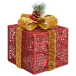 3 Red & Gold Fabric LED Christmas Boxes - 60 LEDs - Cold White