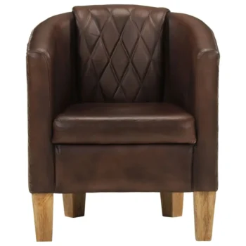 Real Leather Tub Chair - Brown - Mango Wood - 58 x 54 x 70cm