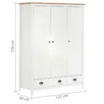 3 Door Hill Solid Pine Wood Wardrobe - White - 127 x 50 x 170cm